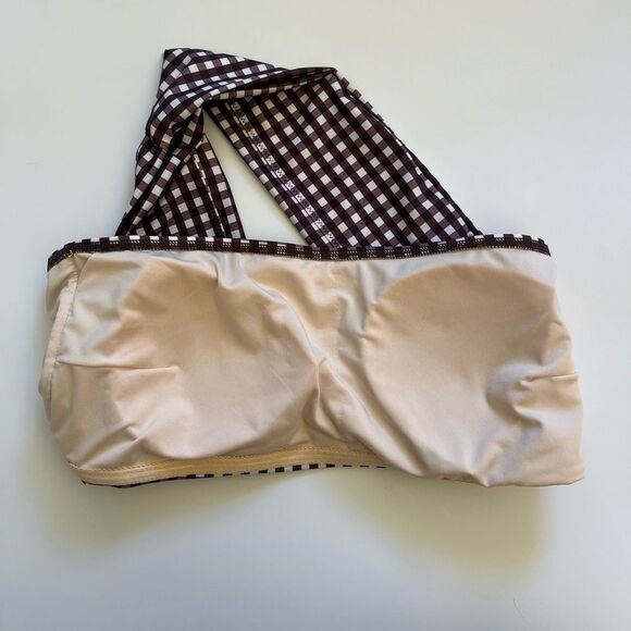 PEONY Swim Sunday One-Shoulder Gingham Stretch Bikini Top Cocoa Brown XL - Picture 4 of 9